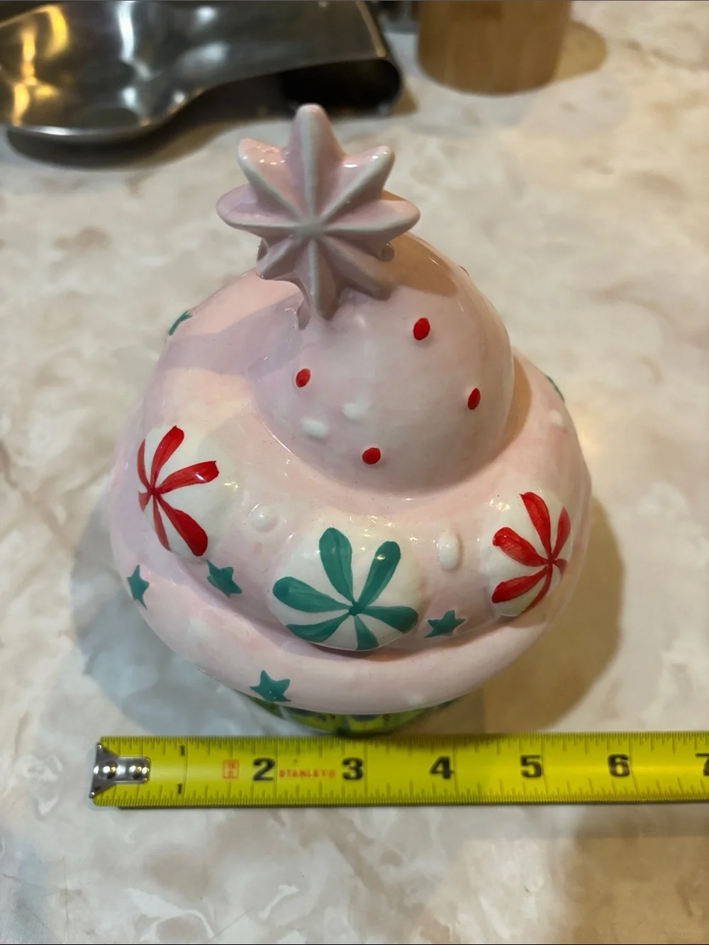 Measuring cup Pink Frosted Cupcake with Red & Teal Candy Accents